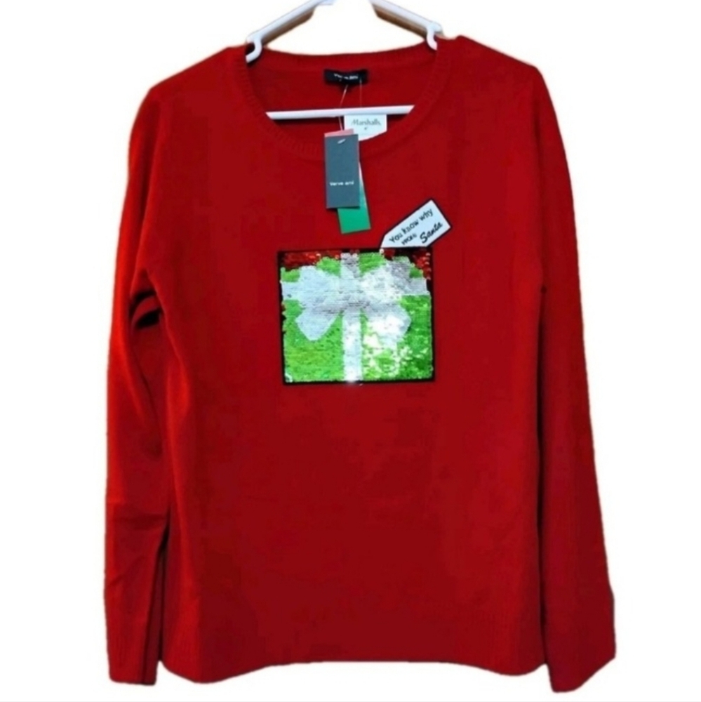 Verve Ami Holiday Christmas Sweater W/Santa Gift Sequin Graphic Red XL NWT